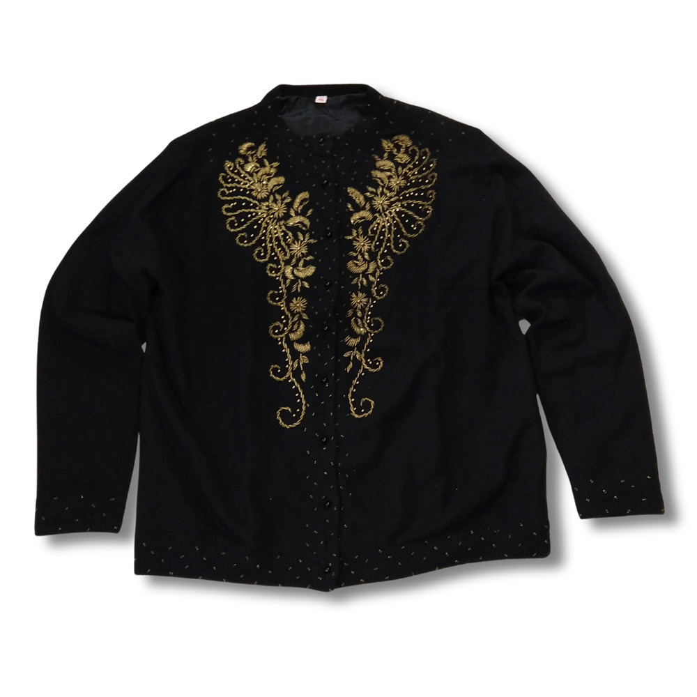 Vintage 50s Cardigan Sweater Size L Black Gold Beaded 1950s Pin Up Rockabilly